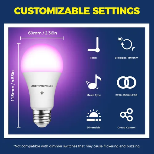 Vista 6 de Lightinginside - Bombillas inteligentes de 100W equivalentes, funciona con Alexa/Google Home/Smart Life, bombillas LED RGBCW de cambio