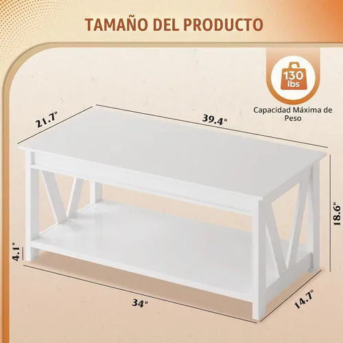 Vista 3 de WLIVE - Mesa de café con estante de almacenamiento, mesa de café granja de 39.4" con soporte en V, mesa de centro rústica de 2 niveles para sala
