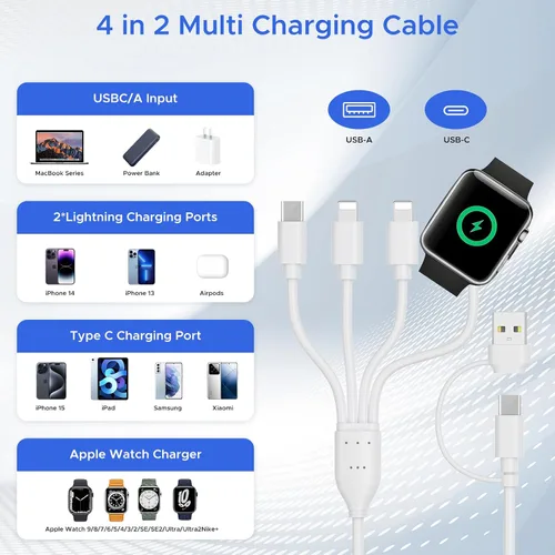Vista 5 de Cable de carga múltiple 4 en 2 para cargador de Apple Watch, PD20W USB C+A, bloque de carga esencial de viaje con iWatch L/tipo C para iPhone 16 15