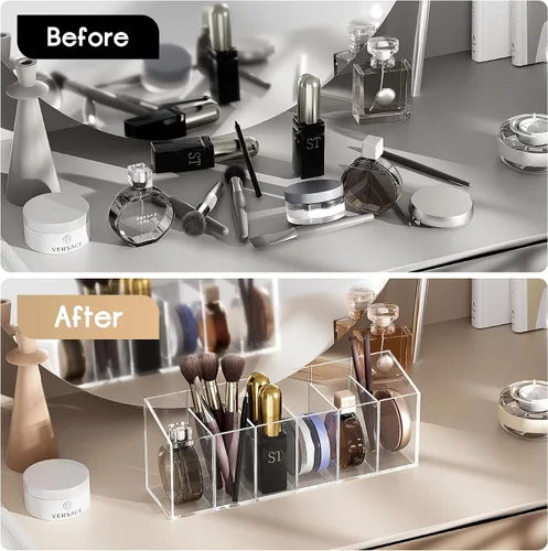 Vista 6 de Acina Organizador de brochas de maquillaje transparente, 2 unidades, acrílico, 3 ranuras, organizador de almacenamiento de cepillos cosméticos
