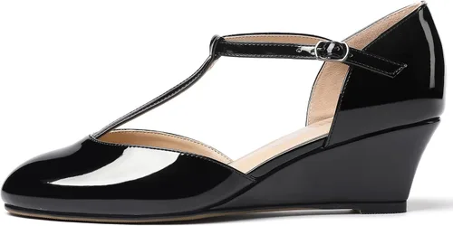 Vista 2 de MODENCOCO Zapatos de tacón bajo con cuña de patente de moda con hebilla de correa en T para mujer 2 pulgadas