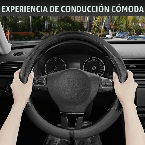 Vista 5 de PIC AUTO Funda para volante, diseño de retazos de cuero estampado negro, ajuste universal de 14.5 a 15.5 pulgadas, antideslizante, sin olor, piel