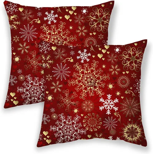 Vista 25 de Fundas de almohada de Navidad de 16 x 16 pulgadas, almohadas decorativas de Navidad con copos de nieve dorados, blancos y rojos para sofá, fundas
