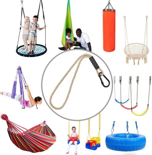Vista 7 de SELEWARE Correas de hamaca de 2 pies, cuerda de columpio de árbol con mosquetón Kit de extensión beige, fácil instalación, soporta columpios