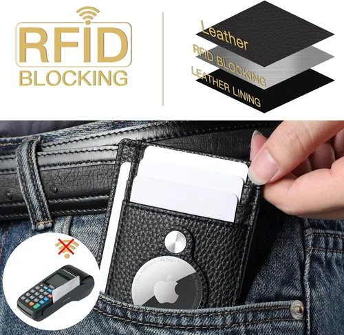 Vista 3 de Billeteras de cuero con bloqueo RFID y bolsillo frontal minimalista delgado para hombres, Negro -, Minimalista
