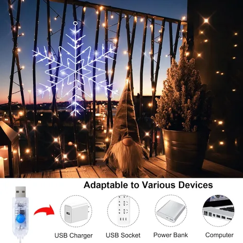 Vista 4 de Zimati - Luces navideñas para ventana, diseño de copo de nieve 14 in Iron Frame, Cool White, USB Powered, Timer, Remote Control, 8 Lighting Modes