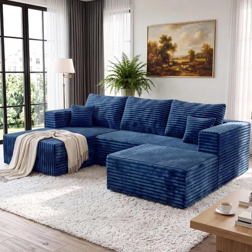 Vista 30 de Sofá modular en forma de L para sala de estar, sofá modular sin huesos con diván, sofá de pana con asiento profundo, no requiere montaje, negro