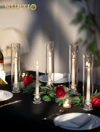 Vista 3 de NUPTIO Candelabros de cristal Hurricane para centro de mesa, 12.6 pulgadas Portavelas a granel con cubierta de chimenea cilíndrica transparente alta