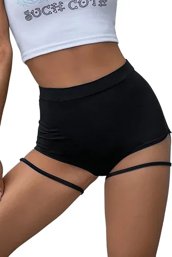 Vista 4 de SheIn Pantalones cortos de cintura alta para mujer con corte de liga, parte inferior elástica ajustada
