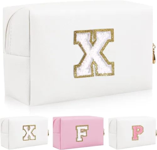Vista 19 de Bolsa de maquillaje con parche de letra inicial personalizada, bolsa de cosméticos de chenilla preppy con letra de chenilla con cremallera, Y
