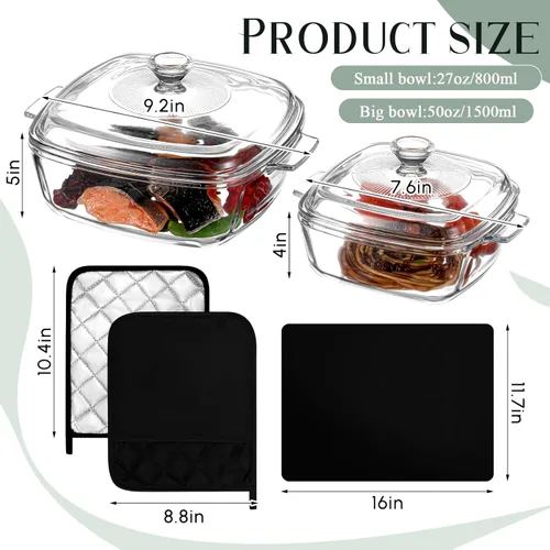 Vista 2 de Teenyyou Cacerola de vidrio con tapa de 1.5 L/0.8 l con guantes de hornear y alfombrilla de silicona resistente al calor, cuencos para microondas