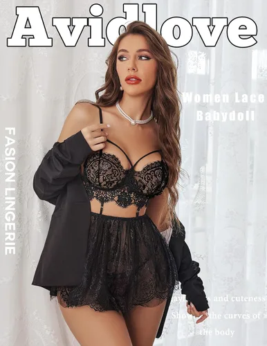 Vista 2 de Avidlove Lencería para mujer, babydoll de encaje con malla, camisón de noche