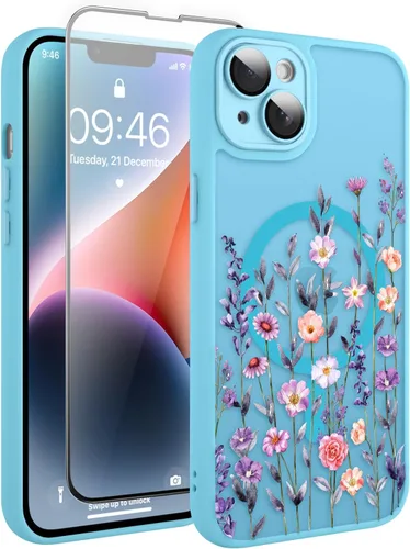 Vista 71 de Magnético para iPhone 13 con protector de pantalla [Compatible con MagSafe] Diseño de patrón floral de flores bonitas, funda delgada a prueba