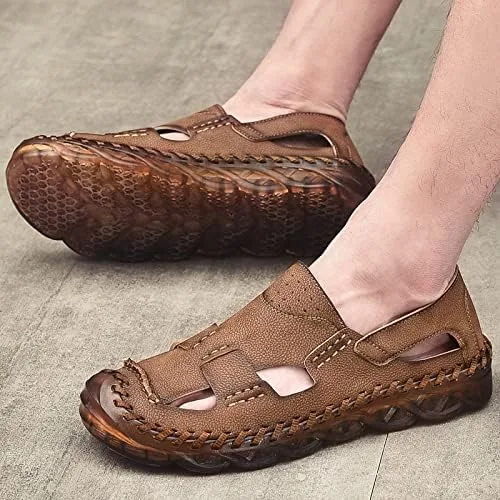 Vista 6 de Sandalias de cuero para hombre con punta cerrada para hombre transpirables zapatos de verano para pescador chanclas para hombre color marrón negro