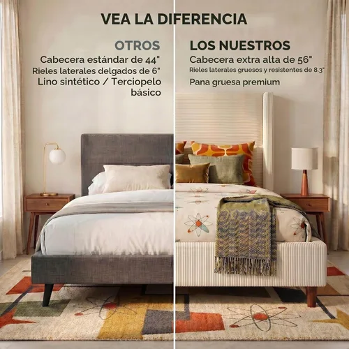 Vista 5 de WEUP Base de cama tamaño Queen con cabecera de pana de 56 pulgadas, color crema