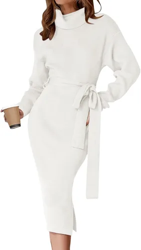 Vista 63 de ZESICA - Vestido por debajo de la rodilla de suéter, de cuello alto, para mujer, de manga larga, de punto acanalado, con abertura y cinturón