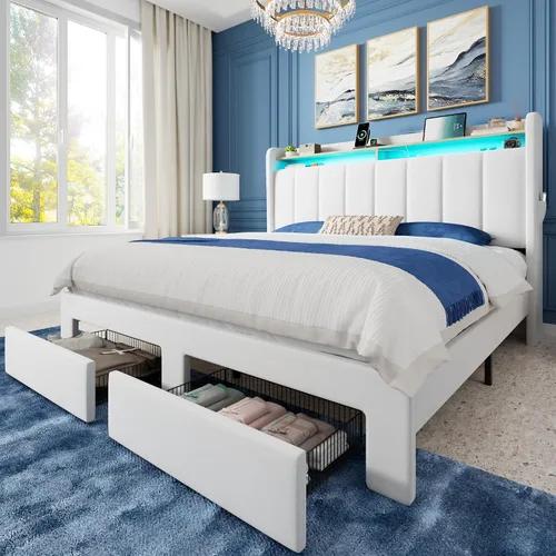 Vista 16 de Allewie - Marco de cama vertical tapizado con plataforma de tamaño matrimonial, con cabecera con almacenamiento de 2 niveles y luces LED, 2 cajones