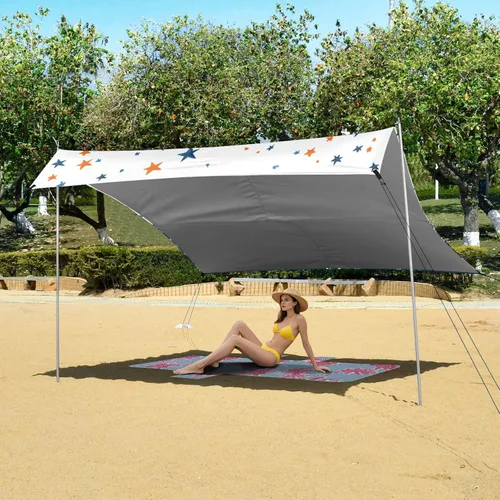 Vista 6 de Colorido diseño floral floral UPF50+ toldo de playa plegable impermeable portátil refugio solar con sacos de arena y pala para patio trasero