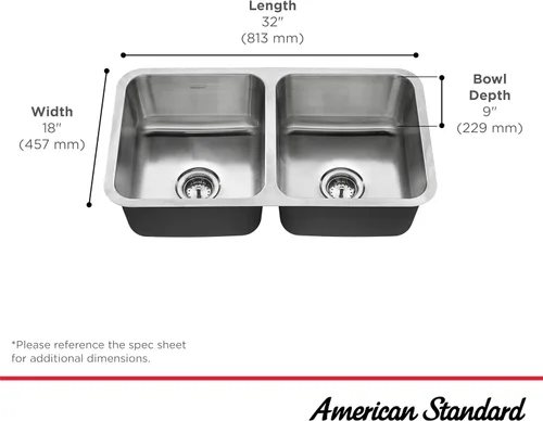 Vista 2 de American Standard 18DB.321800S.075 Danville - Fregadero de cocina de acero inoxidable con doble tazón, 32 x 18 pulgadas