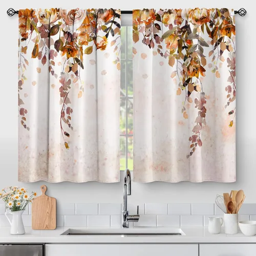 Vista 31 de Aimego - Cortinas de cocina con plantas rústicas y flores de primavera, botánicas, con hojas verdes, cortas, para cafetería, baño, con bolsillo