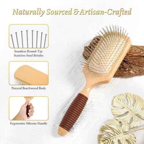 Vista 3 de BFWood Cepillo de pelo de paleta con cerdas de acero, cepillo de pelo de metal, ayuda al crecimiento del cabello y masaje del cuero cabelludo
