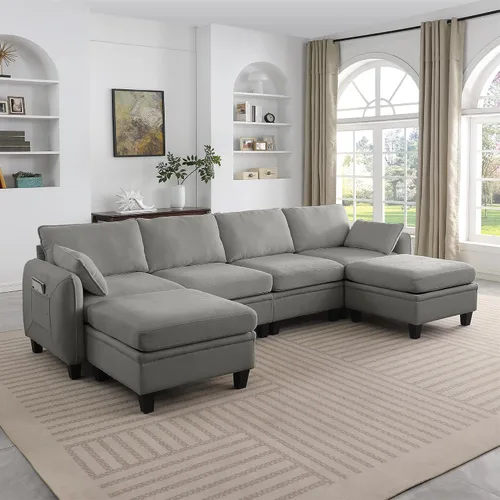 Vista 10 de 109 Inch L-Shape Chenille Modular Sectional Sofa, Reversible Chaise DIY Combination Deep Seat Couch with 2 Storage Ottoman for Living Room, Bedroom