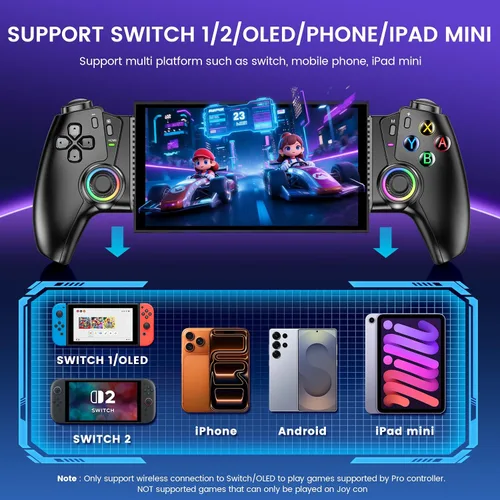 Vista 8 de KICKDOT Controlador MC5000 Pro para Switch 2/1/OLED y iPhone/Android - Joystick de efecto Hall, controlador inalámbrico Bluetooth