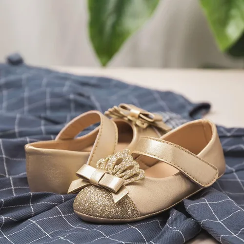 Vista 5 de Bellocasa Baby Mary Jane - Zapatos planos para niñas con lazo de algodón con suela antideslizante para el primer caminante, vestido de princesa
