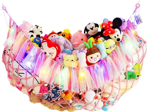 Vista 11 de Hamaca grande de animales de peluche con luz montada en la pared, hamaca Squishmallow de peluches, organizador de juguetes, hamaca de macramé Negro