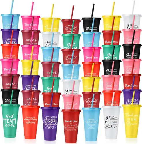 Vista 16 de Nuenen 50 vasos de agradecimiento a los empleados con popote y tapa a granel de 24 onzas, taza de agradecimiento, regalo de fiesta de Navidad, vasos