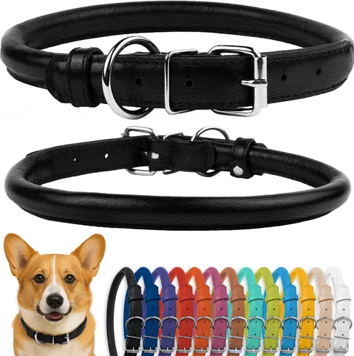 Vista 23 de CollarDirect - Collar de cuero enrollado para perro, collar redondo acolchado suave para cachorro, collar de cuero auténtico hecho a mano