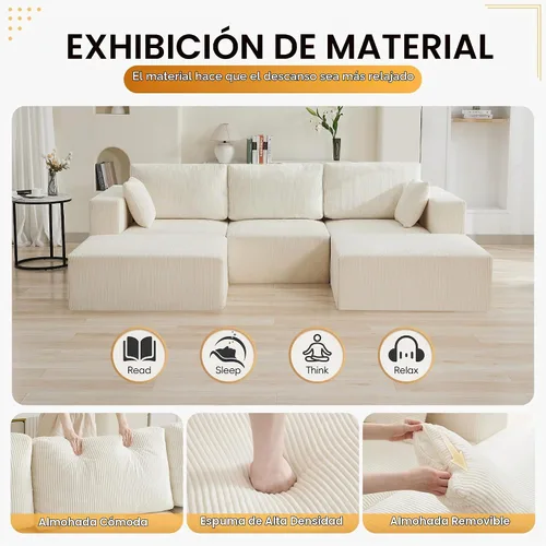 Vista 4 de WUTUTUEE Sofá modular en forma de U de 115 pulgadas, sofá modular modular de 3 plazas con 2 otomanas móviles, sofá cama convertible de pana con Beige