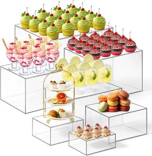 Vista 13 de Leinuosen Juego de 7 Elevadores Grandes para Buffet de 6" a 12" Caja de Exhibición de Acrílico Elevador de Mesa de Postres para Catering Soporte