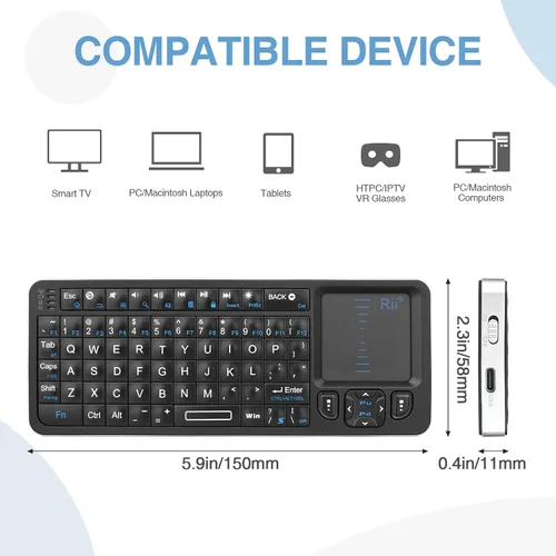 Vista 7 de Rii K06 Mini teclado Bluetooth, teclado inalámbrico retroiluminado de 2.4GHz con aprendizaje IR, portátil con panel táctil, compatible con Amazon