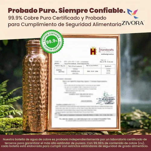 Vista 4 de Botella de agua de cobre puro para beber, probada en laboratorio, vaso 100% puro, botella de cobre ayurvédico martillado, 34 onzas