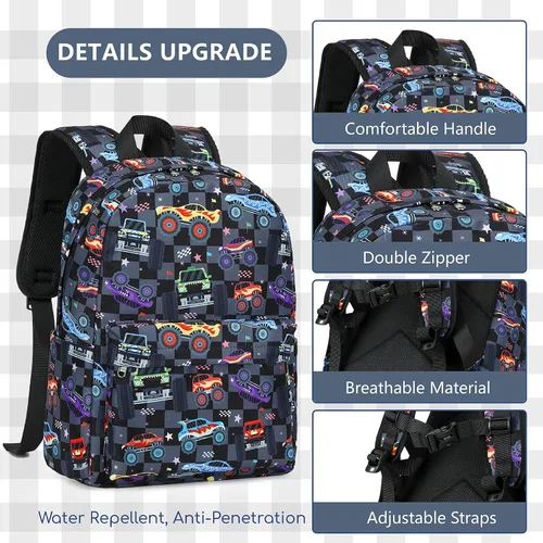 Vista 5 de CAMTOP Mochila para niños y niñas, mochilas preescolares con lonchera, juego de mochila escolar para jardín de infantes (vehículo negro a cuadros)