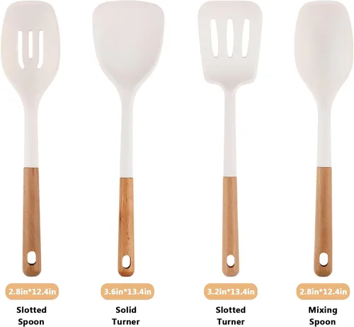 Vista 3 de Juego de 4 utensilios de cocina de silicona, juego de utensilios de cocina grandes antiadherentes con mango de madera, grado alimenticio, resistente