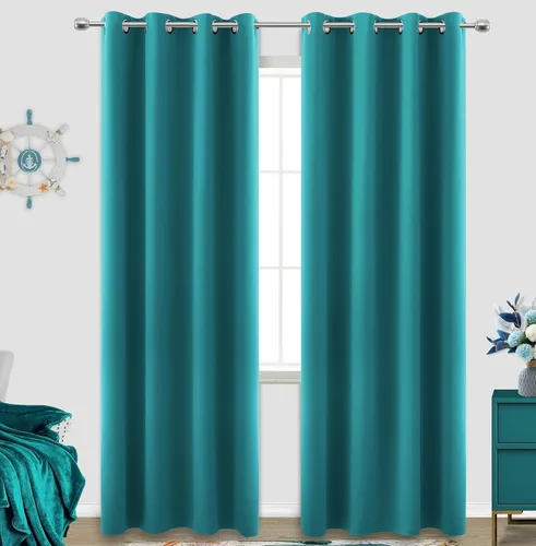 Vista 180 de KOUFALL Cortinas de Baño Aqua para Ventana, Juego de 2 Paneles Decoración Costera Cortinas Cortas Opacas para Ventana Pequeña de Cocina Puerta