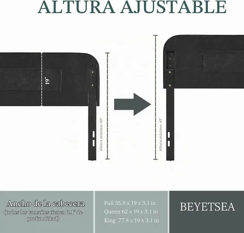Vista 5 de Cabecera capitonada tapizada de tamaño individual – Cabecera de madera maciza con botones con altura ajustable – Cabecera moderna acolchada de Beige