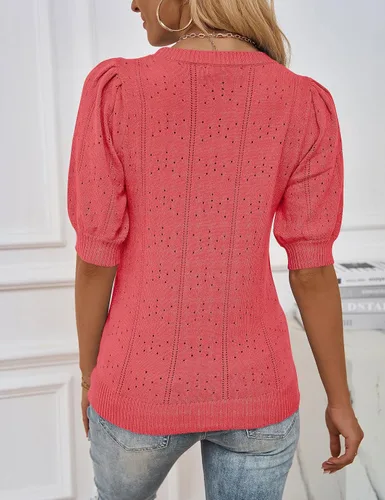 Vista 4 de MEROKEETY Suéter de manga corta abombada para mujer, cuello redondo, tejido de ganchillo, suave