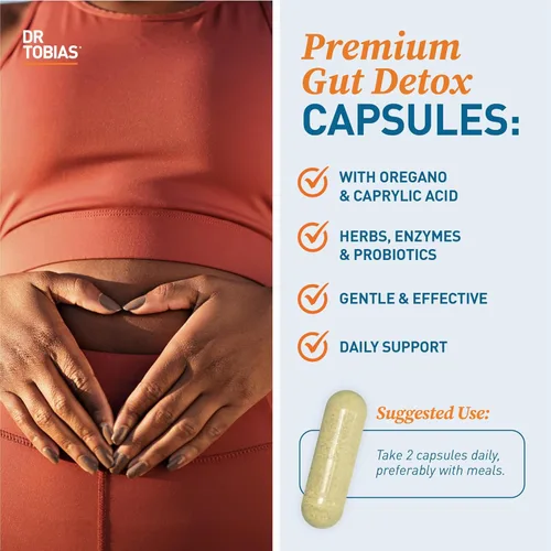 Vista 3 de Dr. Tobias Candida Support, complejo de equilibrio de flora intestinal con orégano, ácido caprílico, enzimas y probióticos, apoya la limpieza