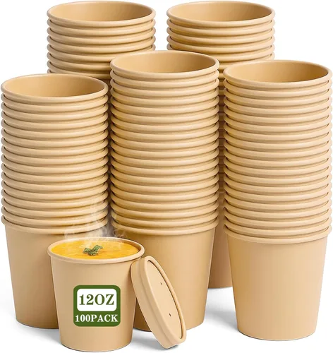 Vista 12 de Paquete de 100 recipientes de papel de 4 onzas para sopa con tapas ventiladas, recipientes desechables para alimentos, tazas de helado de estraza