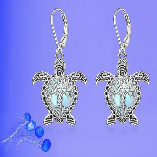 Vista 5 de Aretes de gato con piedra lunar, árbol de la vida, tortuga, colibrí, aretes para mujer, plata de ley, dragón y mariposa, colgantes, regalos