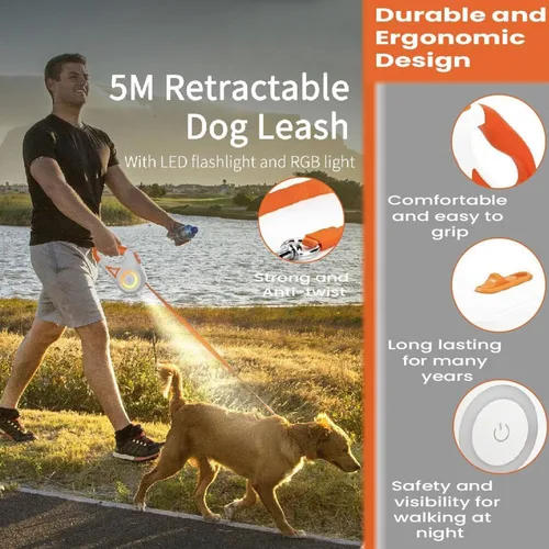 Vista 5 de Best Dog Supplies - Correa retráctil luminosa para perro con luz LED de seguridad frontal, correa de entrenamiento sin enredos de 360° para una