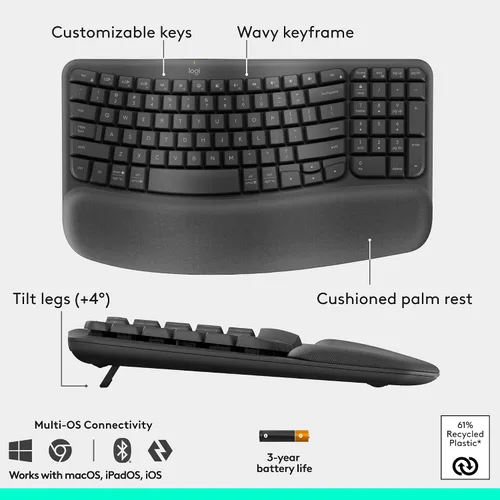 Vista 6 de Logitech Wave Keys & Lift - Combo ergonómico de teclado y mouse inalámbricos, con reposamanos acolchado, fácil de cambiar, Bluetooth, para sistema