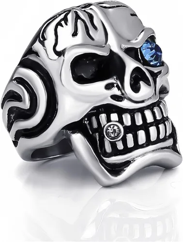 Vista 2 de Elfasio - Anillo de calavera para hombre, diseño de ojo azul, circonita cúbica, acero inoxidable, talla 8-15