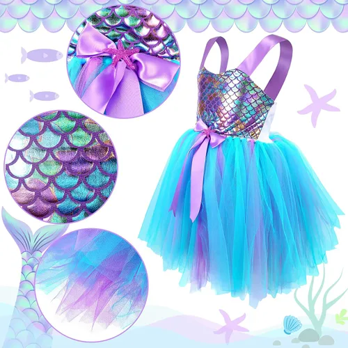 Vista 2 de Mepase Vestido tutú de sirena para niñas pequeñas con diadema, disfraz de sirena, falda tutú con bolsa de lentejuelas moradas para fiesta