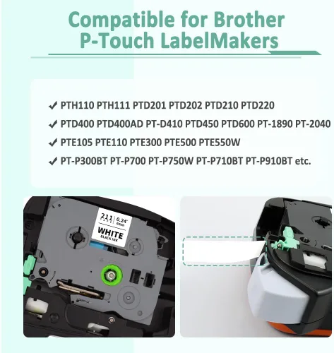 Vista 2 de Paquete de 6 cintas de 6 mm 0.23" laminadas compatibles para Brother P Touch, cinta de etiquetas de 6 mm Tze211 Tze111 Tze411 Tze511 Tze611 Tze711