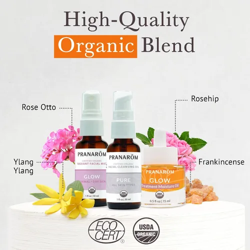 Vista 3 de Pranarom - Kit de cuidado de la piel radiante Glow - Aceite esencial 100% puro y orgánico para limpieza facial, aceite hidratante y niebla facial