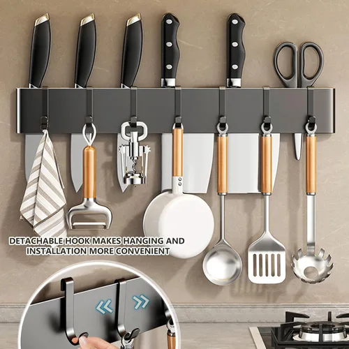 Vista 7 de Colgador de utensilios de cocina: soporte para colgar en pared, 7 ganchos, sin taladrar para cocina, despensa, baño, sala de estar de 15.75 pulgadas